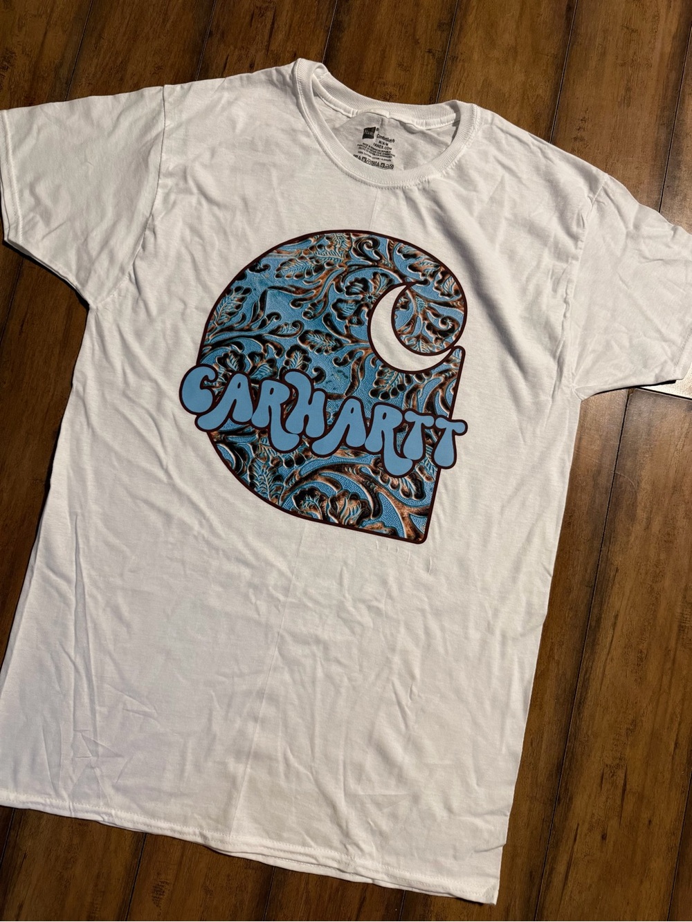Hanes White Short-Sleeve Tee with Blue Paisley Graphic